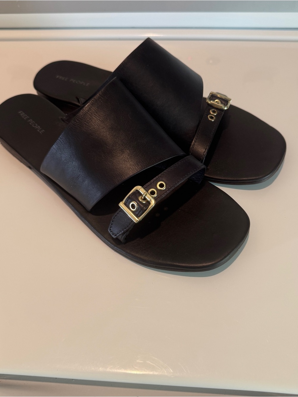 Free People Mila Minimal Flat Sandals Black Leather Gold 11